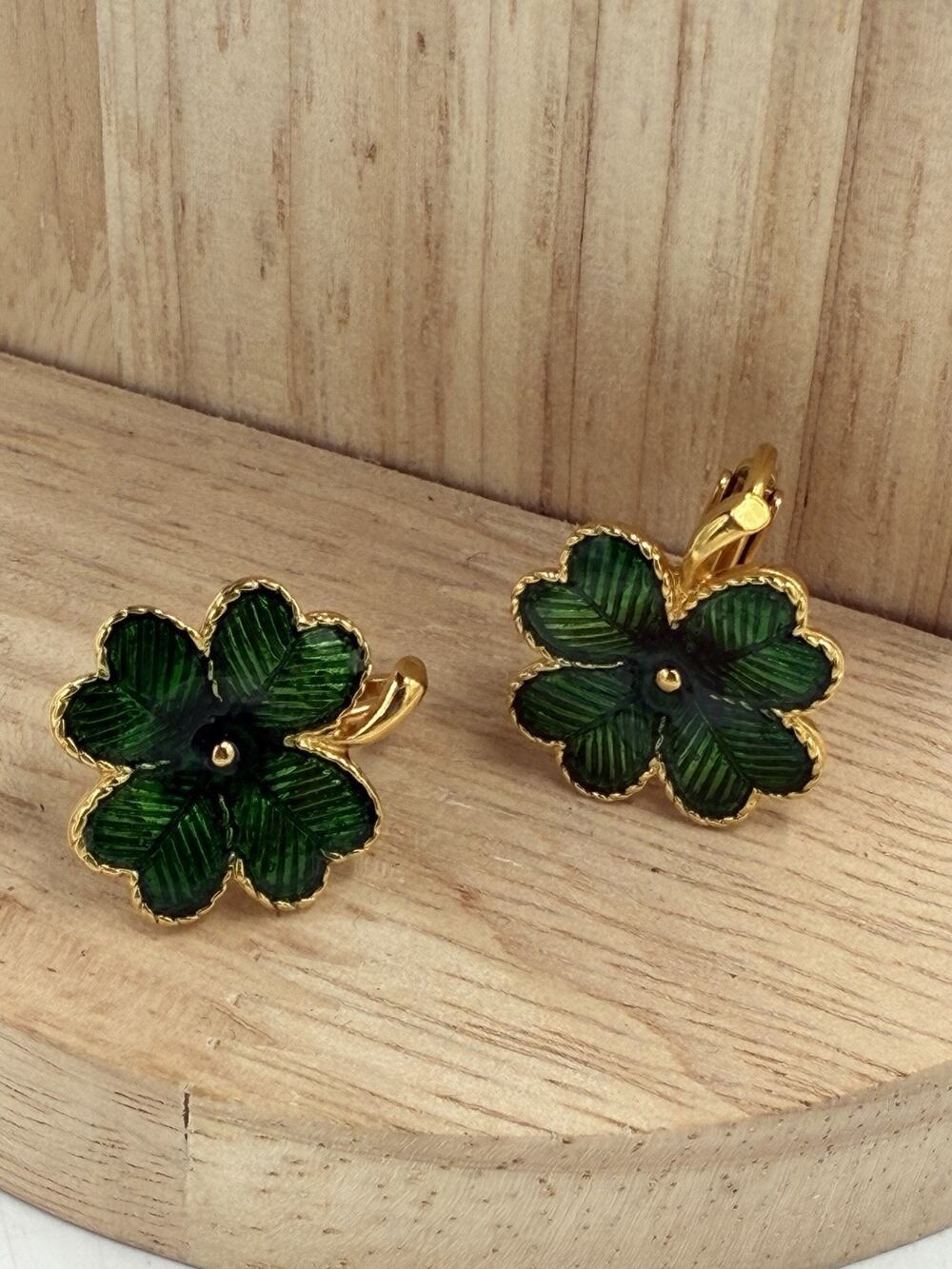 Vintage Avon Green Enamel Gold Tone Lucky Four Leaf Clover Clip On Earrings
